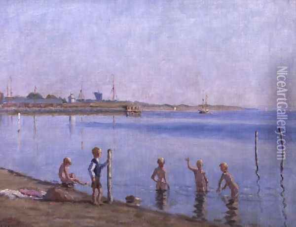 Boys at Waters Edge Oil Painting - Johan Rohde