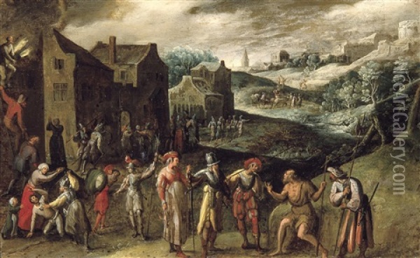 Pillage D'un Village Oil Painting - Gillis Mostaert the Elder