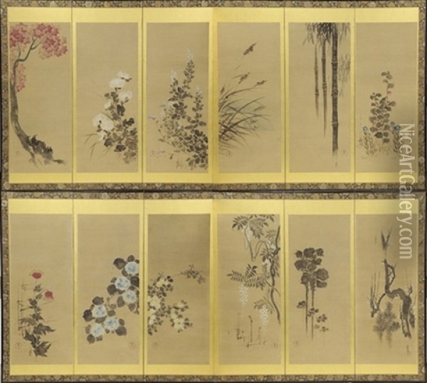 A Pair Of Seasonal Flowers Six-fold Screen Oil Painting - Ogata Korin