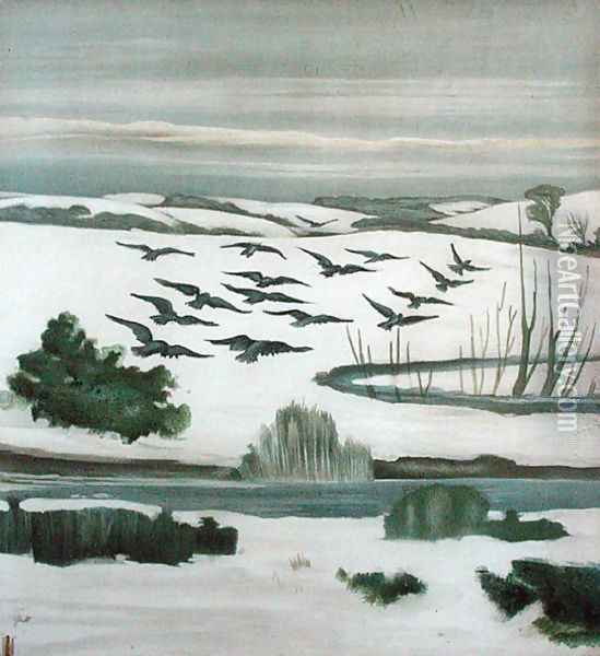 Rooks flying over a winter landscape Oil Painting - Madeline Wyndham