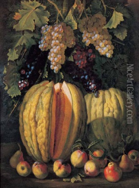 Natura Morta Con Meloni, Pesche, Pere E Grappoli Di Uva Oil Painting -  Monogrammist G.R.U.