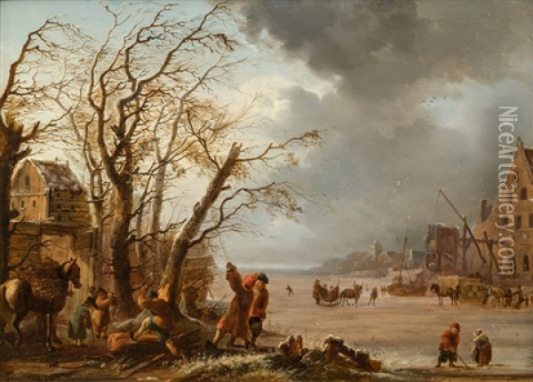 Winterlandschaft Mit Zugefrorenem Kanal An Einem Dorf Oil Painting - Heinrich Wilhelm Schweickardt
