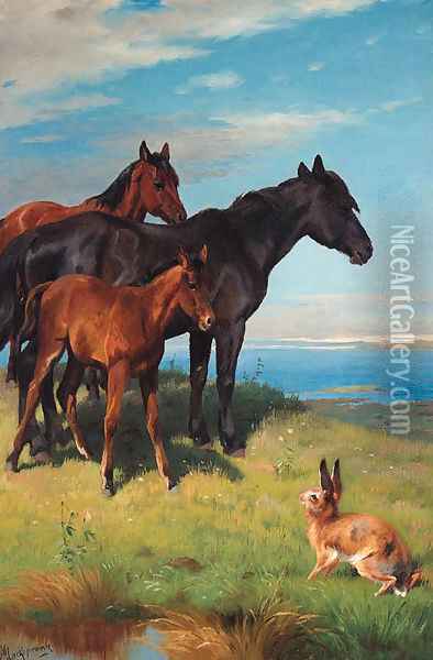 Ponies and a Hare overlooking the Sea Oil Painting - Adolf Henrik Mackeprang