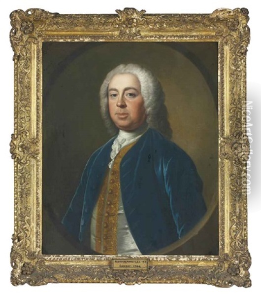 Portrait Of Penistone Powney, M.p., Of Ives Place, Middlesex, In A Blue Velvet Coat, With A Gold-embroidered Waistcoat And A White Stock, In A Sculpted Cartouche Oil Painting - Allan Ramsay