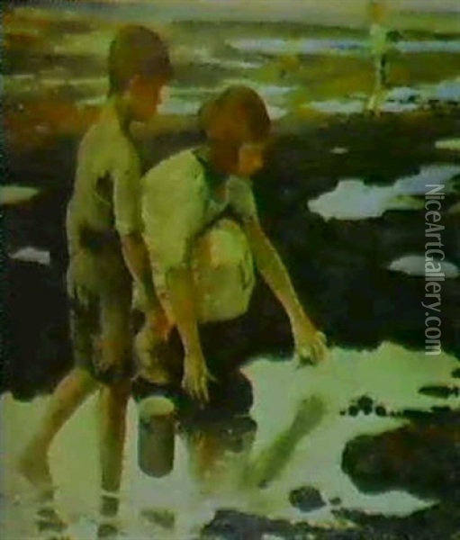 Ninos Cogiendo Conchas En La Playa Oil Painting - Felipe Abarzuza y Rodriguez de Arias