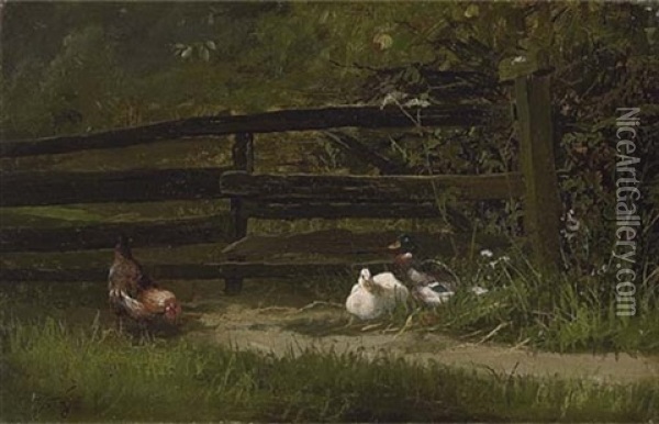 Chickens And Ducks At The Farm Fence Oil Painting - Carl Jutz the Elder