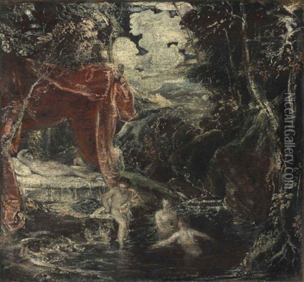 A Wooded Landscape With Diana And Her Nymphs Bathing In A Rocky Pool Oil Painting -  Tintoretto
