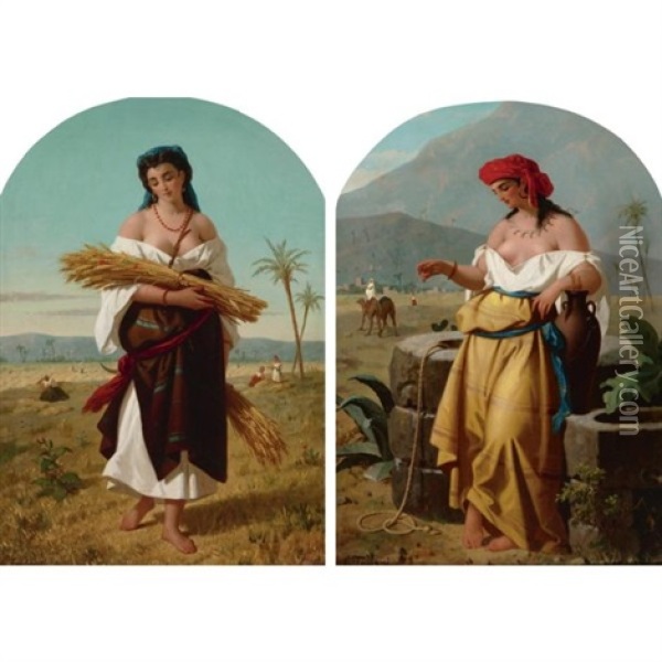 A Young Hay Gatherer (+ A Water Carrier By The Fountain; Pair) Oil Painting - Enrico Fanfani