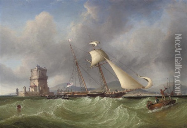 Lord Belfast's Yacht "emily" Hove-to For Her Owner To Come Aboard, At The Mouth Of The Tagus, Lisbon Oil Painting - John Christian Schetky