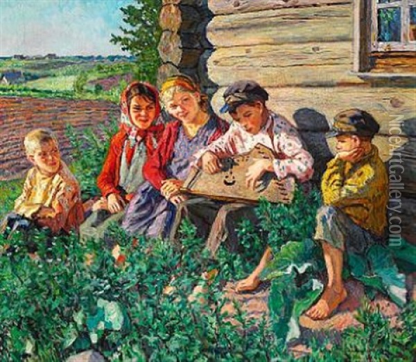 Summer Day With A Boy Playing Citar For The Girls Outside A Barn Oil Painting - Nikolai Petrovich Bogdanov-Bel'sky