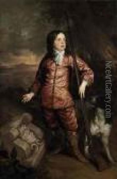 Portrait Of Richard Gibson 
(1605/1615?-1690), Full-length, In Afur-trimmed Silk Doublet And 
Pantaloons, White Stock And Boots,holding A Flint-lock Musket, With A 
Hound, In A Wooded Landscapewith Classical Ruins Oil Painting - Sir Peter Lely