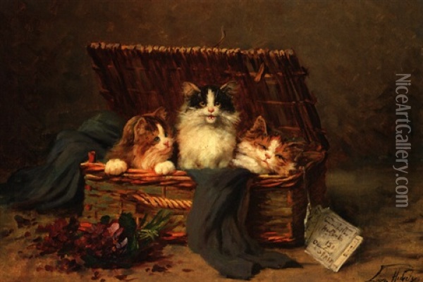 Drei Katzchen In Einem Bastkorb Oil Painting - Leon Charles Huber