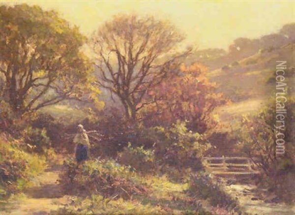 Girl Gathering Wood In A River Landscape Oil Painting - Ernest Higgins Rigg