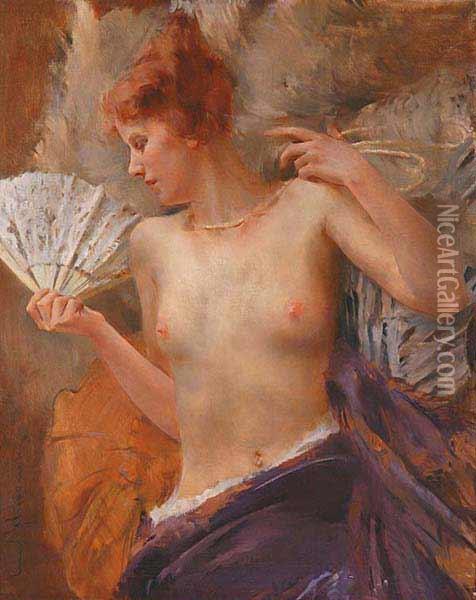 A Semi-nude Woman With A Fan Oil Painting - Emil Schovanek