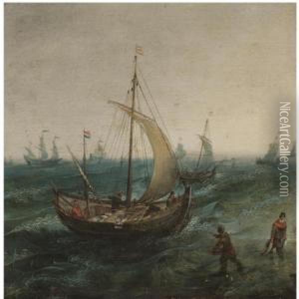 Fishermen And Their Boats In Stormy Seas Oil Painting - Cornelis Hendricksz. The Younger Vroom