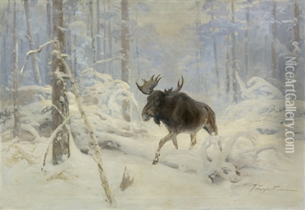 Elk In Winter Forest Oil Painting - Jan (Czeslaw) Wasilewski