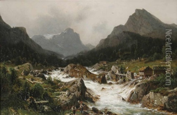 Norwegische Landschaft Mit Wasserfall, Im Vordergrund Zwei Angler Oil Painting - Johannes Bartholomaeus Duntze