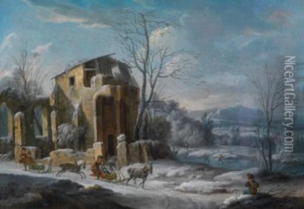 Einewinterlandschaft Mit Reisenden In Pferdeschlitten Vor Den Ruineneiner Burg Oil Painting - Thomas Wyck