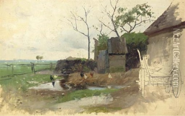 A Farmyard (study) Oil Painting - Franz Roubaud