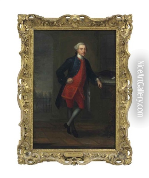 Portrait Of A Gentleman, Traditionally Identified As Robert Banks Hodgkinson, Standing Small Full-length, Wearing A Red Tunic And Breeches, With A Blue Coat Oil Painting - Arthur Devis