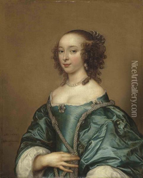 Portrait Of A Lady, Half-length, In A Blue Dress With Pearls Oil Painting - Adriaen Hanneman