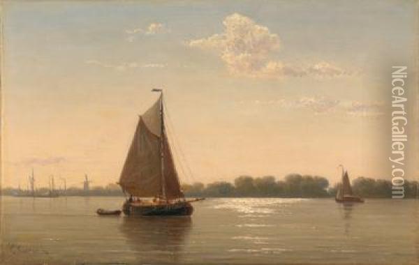 River Landscape With Sailing Boats In The Evening Light Oil Painting - Everhardus Koster