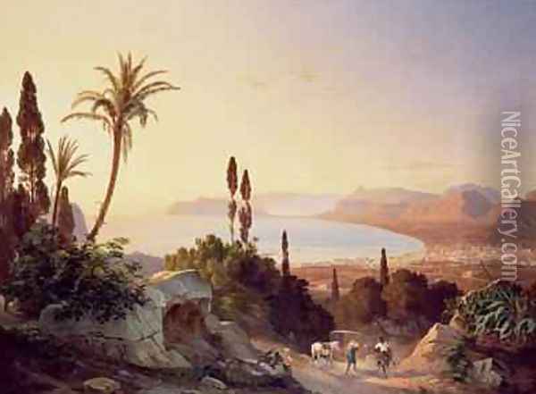 Gulf of Palermo looking towards Cape Zafferano Oil Painting - Carl Wilhelm Goetzloff