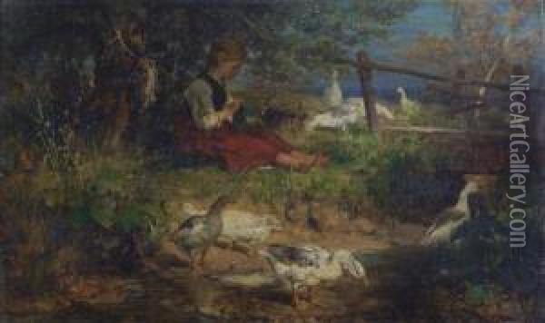 Girl With Geese Oil Painting - Antonio (Antonis Matteo) Montemezzo