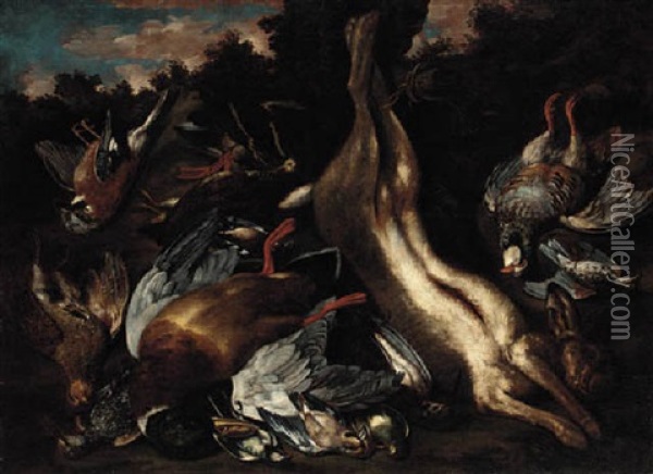A Still Life With A Hare, A Partridge, Ducks And Other Birds In A Landscape Oil Painting - Philipp Ferdinand de Hamilton