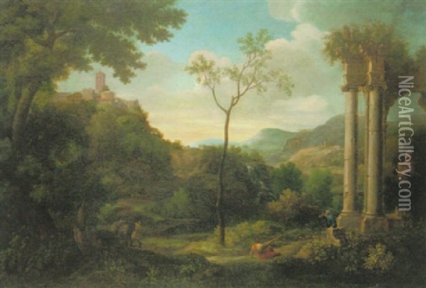 Ideale Landschaft Mit Einer Antiken Tempelruine Und Vorn Einem Maultiertreiber Oil Painting - Francisque Millet