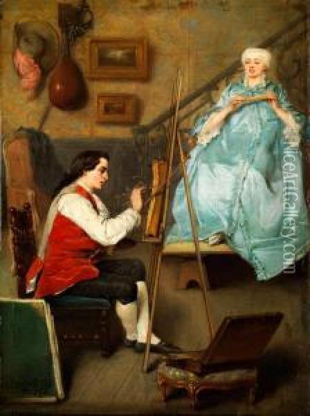 Junger Maler Beim Portraitieren Einer Jungen Frau In Blauem Seidenkleid Oil Painting - Benjamin Eugene Fichel