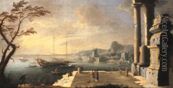 Mediterranean Coastal Scene With A Galley Approaching A Harbour Oil Painting - Gennaro Greco