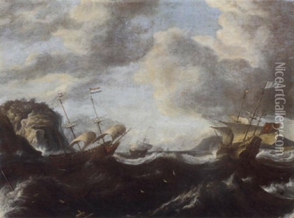 Dutch Men-o'-war And Other Shipping In A Stormy Sea Oil Painting - Pieter Mulier the Elder