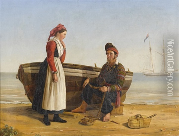 Strandpartie Mit Fischer Und Frau Oil Painting - Leopold-Louis Robert