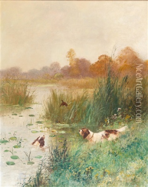 Gun Dogs Hunting Duck Oil Painting - Emile Godchaux