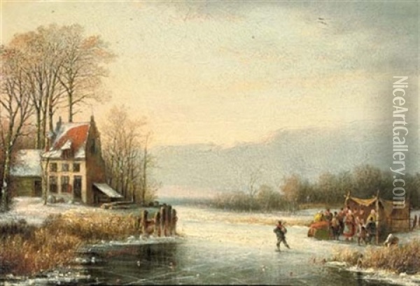 Figures On The Ice With A Koek En Zopie Beyond Oil Painting - Cornelis Kimmel