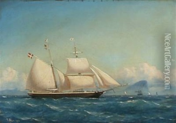 Seascape With A Danish Schooner Off The Coast Of Gibraltar Oil Painting - Carl Julius Emil Olsen