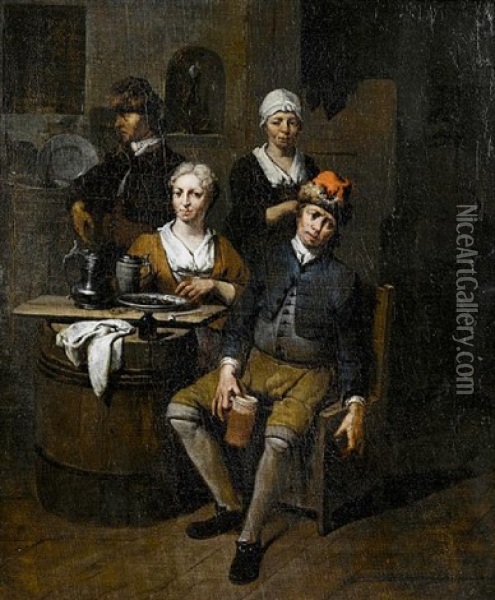 A Tavern Interior With Figures Seated At A Table Drinking Oil Painting - Jan Baptist Lambrechts