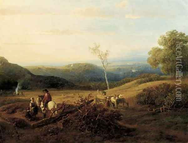 A panoramic summerlandscape with harvesters Oil Painting - Willem Roelofs