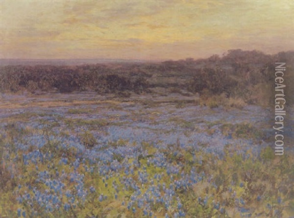 A Blue Bonnet Field At Sunset Near San Antonio, Tx Oil Painting - Julian Onderdonk