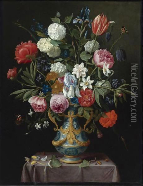 Still Life Of Irises, Peonies, Narcissi, A Tulip And Other Flowers In A Blue-And-White Porcelain Vase Oil Painting - Jan van Kessel