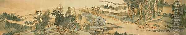 Handscroll depicting a landscape with the colophon poem, 'Fishing in Willow Brook', Chinese, 1706 Oil Painting - Hui Wang