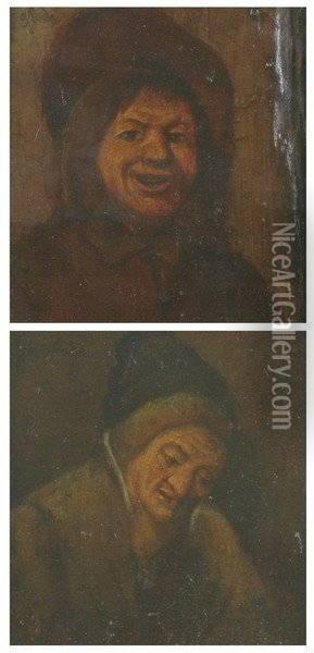 Men In Hats: Two Miniatures Oil Painting - Adriaen Jansz. Van Ostade