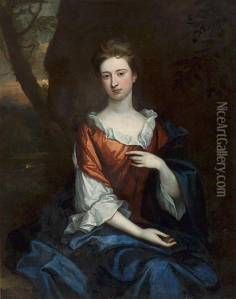 A Portrait Of A Lady, 
Three-quarter Length, Seated In A Landscape, Wearing A Red Gown And Blue
 Wrap Oil Painting - Sir Godfrey Kneller