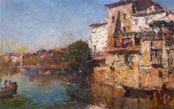 Village Provencal Au Bord De L'eau Oil Painting - Julien Gustave Gagliardini