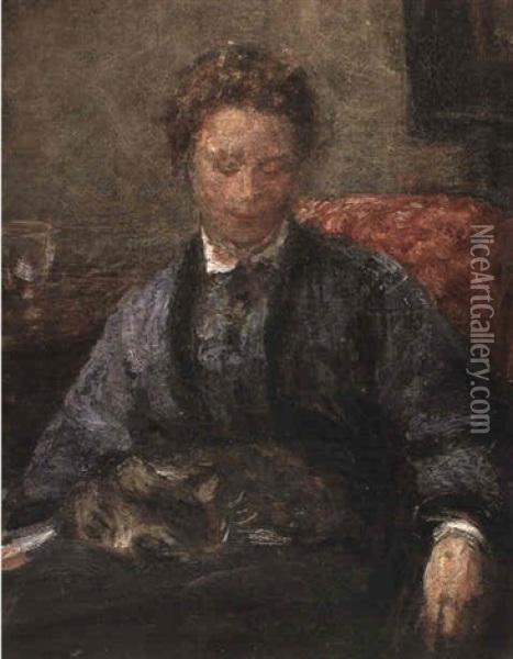 Jeune Femme Au Chat Oil Painting - Henri Fantin-Latour