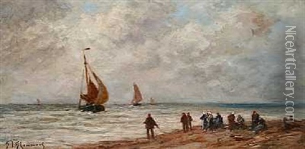 Dagens Fangst Ventes. Fiskere Og Deres Koner Pa Stranden Oil Painting - Bernardus Johannes Blommers