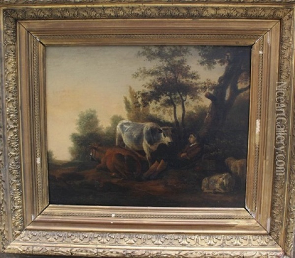 Sleeping Shepherd With His Animals In Landscape Oil Painting - Adam Pynacker