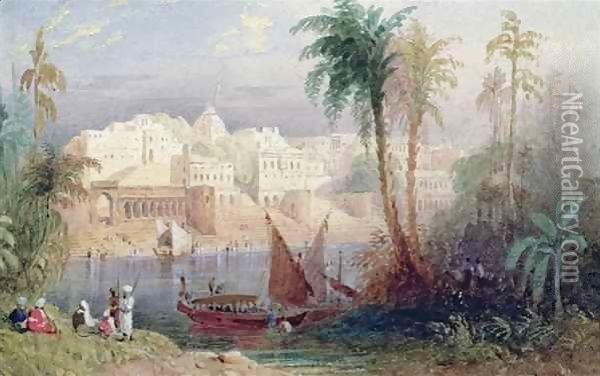 A View of an Indian city beside a river, with boats on the river and figures in the foreground Oil Painting - Allote