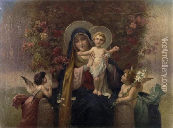 Madonnaim Rosenkranz. Um 1880 Oil Painting - Hans Zatzka